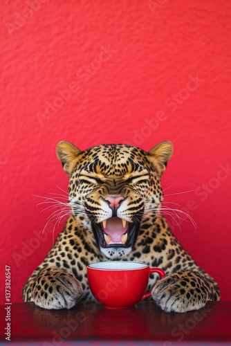 Obraz na płótnie yawning leopard greets morning with coffee expressing natural rhythm and sleepy instinct on vibrant red w salonie