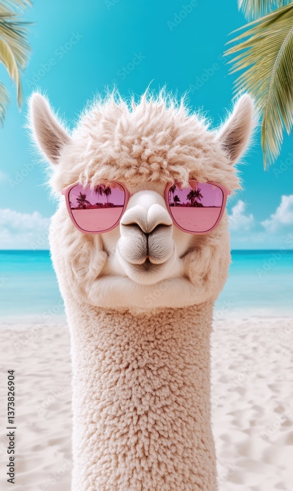 Fototapeta premium Llama wearing pink sunglasses enjoys a sunny day at the beach with palm trees and turquoise water in the background near a tropical paradise