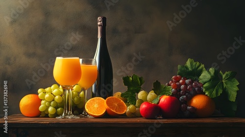 Professional Fresh Produce and Beverages Arrangement on Wooden Surface for Marketing Collateral