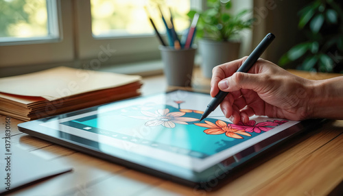 Digital artist prepares art prints for sale: hand uses graphics tablet next to stack of matching physical prints on desk. Creative side hustle bridging digital creation and e-commerce