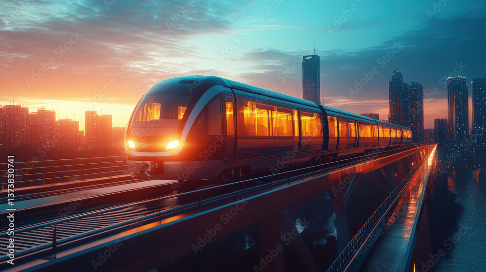 Naklejka premium Futuristic City Train at Dusk. An elevated train glides through a vibrant cityscape at dusk, symbolizing the future of urban transit.