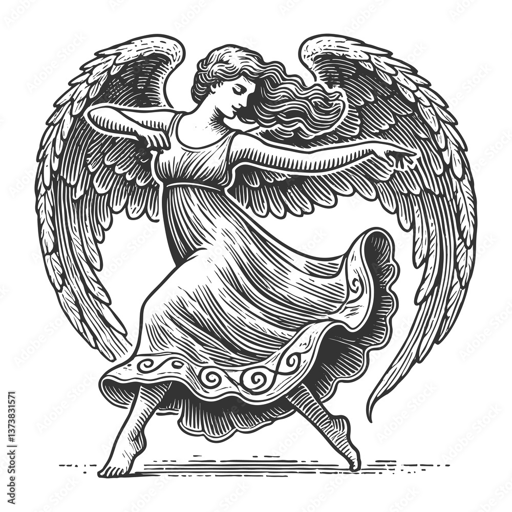 Obraz premium graceful angel with large feathered wings, dancing elegantly in a flowing dress, drawn in an engraved, woodcut style sketch engraving generative ai raster illustration. Scratch board. Black and white.