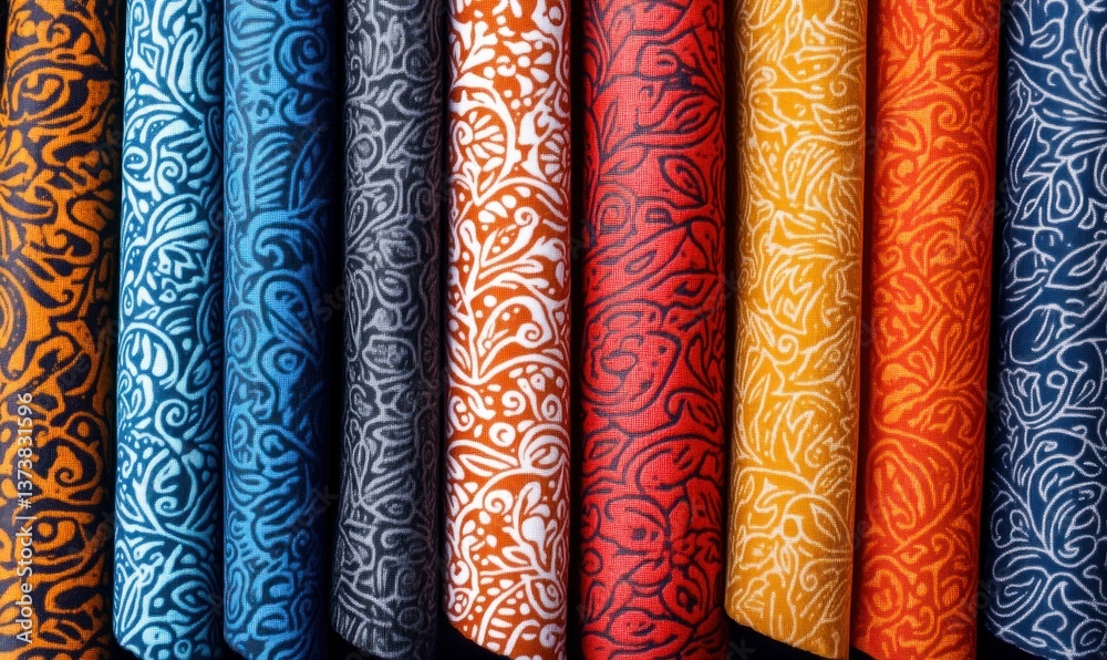 A vibrant array of fabrics showcases ornamental patterns in vivid colors, ideal for your next design project. A vibrant array of fabrics showcases ornamental patterns in vivid colors, ideal for your next design project.