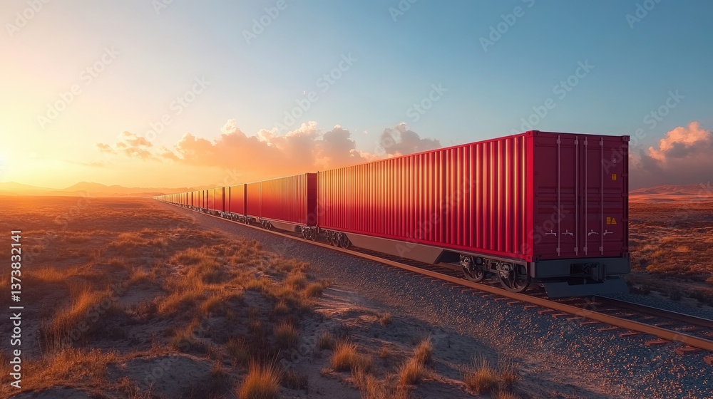 Fototapeta premium Cargo Train at Sunset. A cargo train transports goods across a desolate landscape at sunset, symbolizing transport of the future.