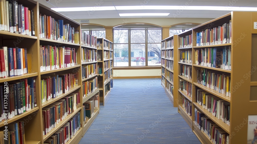 A quiet and well-lit library aisle filled with bookshelves and a view of the outside through large windows, creating an inviting and peaceful environment ideal for educational and literary themes.. AI A quiet and well-lit library aisle filled with bookshelves and a view of the outside through large windows, creating an inviting and peaceful environment ideal for educational and literary themes.. AI