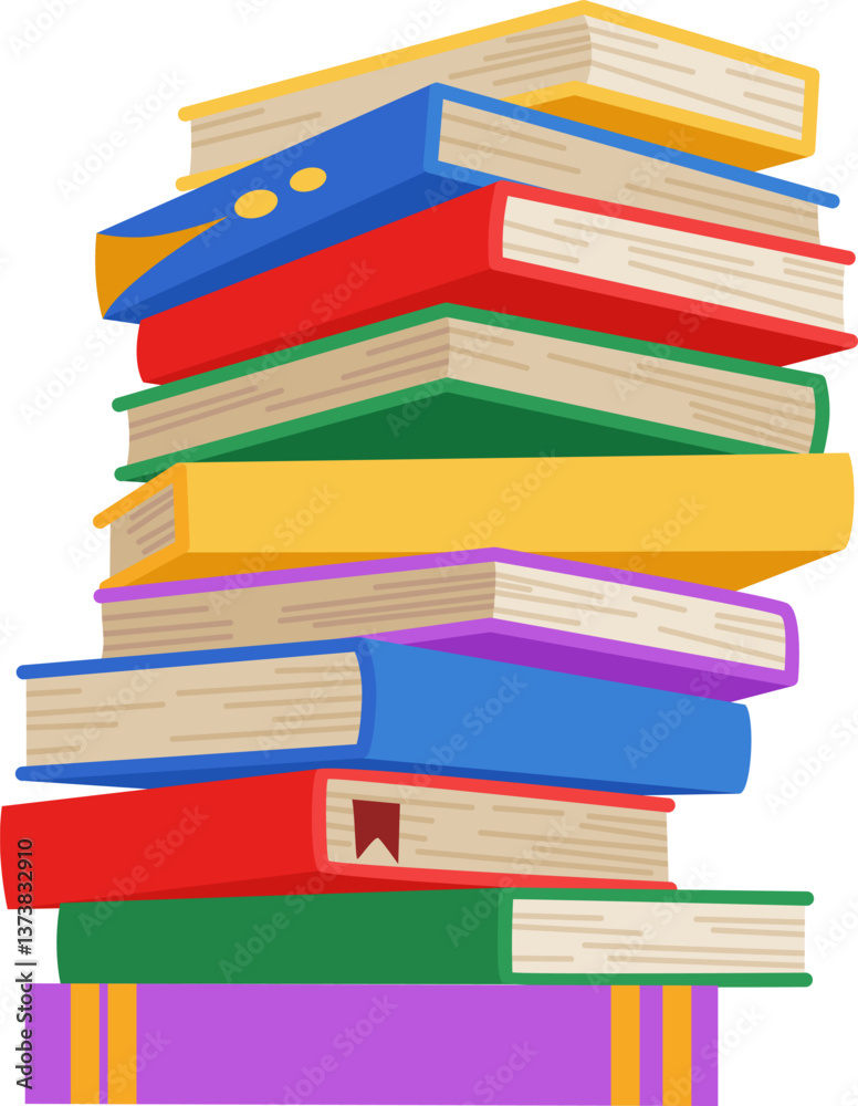 High book stacks or pile. Library textbooks and school literature heaps, dictionaries. Bookstore advertise. Cartoon stacked books angle view with different colorful covers isolated on white