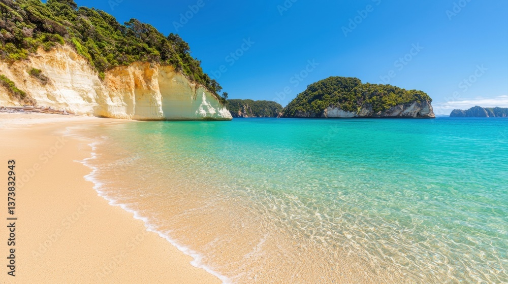 Fototapeta premium A serene beach scene featuring clear turquoise waters, soft sandy shores, and lush green cliffs under a bright blue sky.