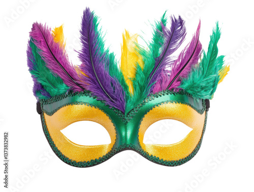 Colorful feather mask for festive celebrations and events on a transparent background, cut out photo