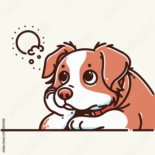 Daydreaming Pup: A cute illustration of a thoughtful puppy, lost in its thoughts, with a thought bubble above its head, capturing a sense of wonder and imagination. 