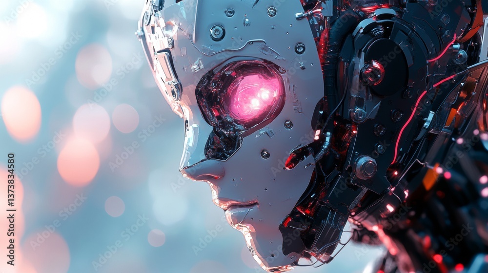 A highly detailed profile of an advanced android with glowing pink eyes. The robotic structure highlights intricate wiring and futuristic design, perfect for tech innovation and AI-related themes.. AI
