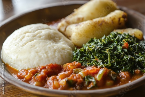 Ugali: Traditional Tanzanian Food - Closeup of Este Lunch with Fish and Greens
