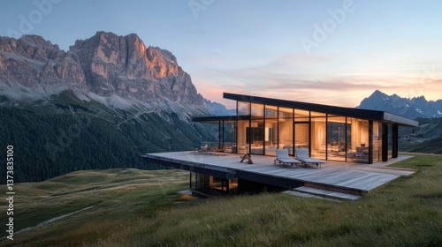 Modern mountain chalet at sunset