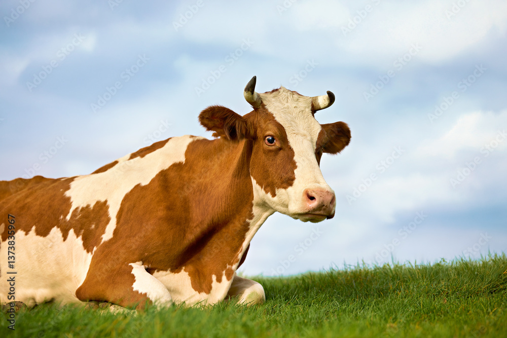 A brown and white cow rests peacefully on a grassy field beneath a clear blue sky with scattered clouds. The cow's white face features brown patches and small horns. A brown and white cow rests peacefully on a grassy field beneath a clear blue sky with scattered clouds. The cow's white face features brown patches and small horns.