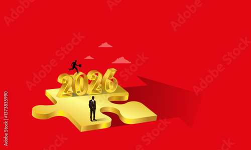 The businessman runs up the golden puzzles to his success. Vector drawing