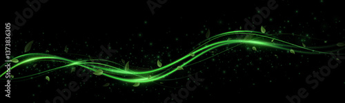 Abstract wind swirls with green leaves and sparkles isolated on transparent background.