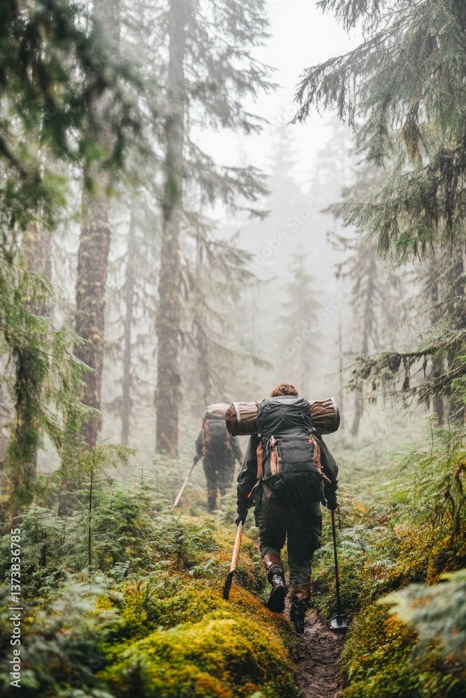 Obraz premium In a dense, mist-covered forest, two hikers trek along a mossy trail, surrounded by towering trees and soft foliage on a cool morning