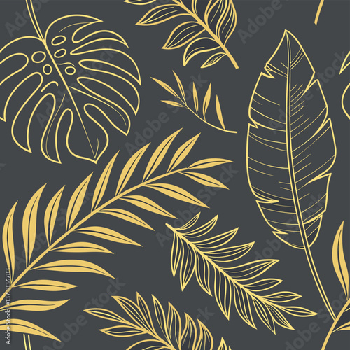Tropical Gold Line Art Palm Leaves On Charcoal Gray Background Seamless Luxury Pattern For Premium Wallpaper Elegant Packaging And High End Fashion