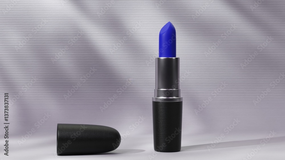 Obraz premium Blue cosmetic lipstick rotating elegantly with black cap falling, creating dynamic shadow play on pristine white background, highlighting product design and beauty trend