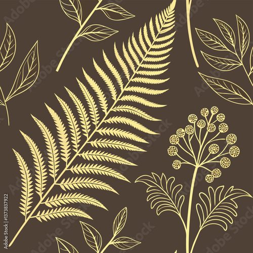 Woodland Gold Line Art Ferns And Forest Foliage On Brown Background Seamless Botanical Pattern For Luxury Packaging Premium Stationery And Wall Art