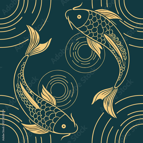Asian Inspired Gold Line Art Koi Fish And Ripples On Teal Background Seamless Pattern For Luxury Packaging Premium Stationery And Elegant Home Decor
