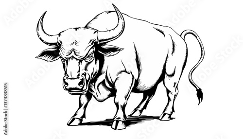 Bull illustration in classic style with bold lines  