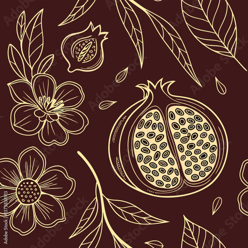 Botanical Gold Line Art Pomegranates And Blossoms On Burgundy Background Seamless Pattern For Luxury Packaging Premium Stationery And Elegant Decor