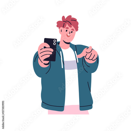 Happy man pointing finger at you, smiling, taking capturing photo on mobile phone camera. Photographing on smartphone, showing with hand gesture. Flat vector illustration isolated on white background