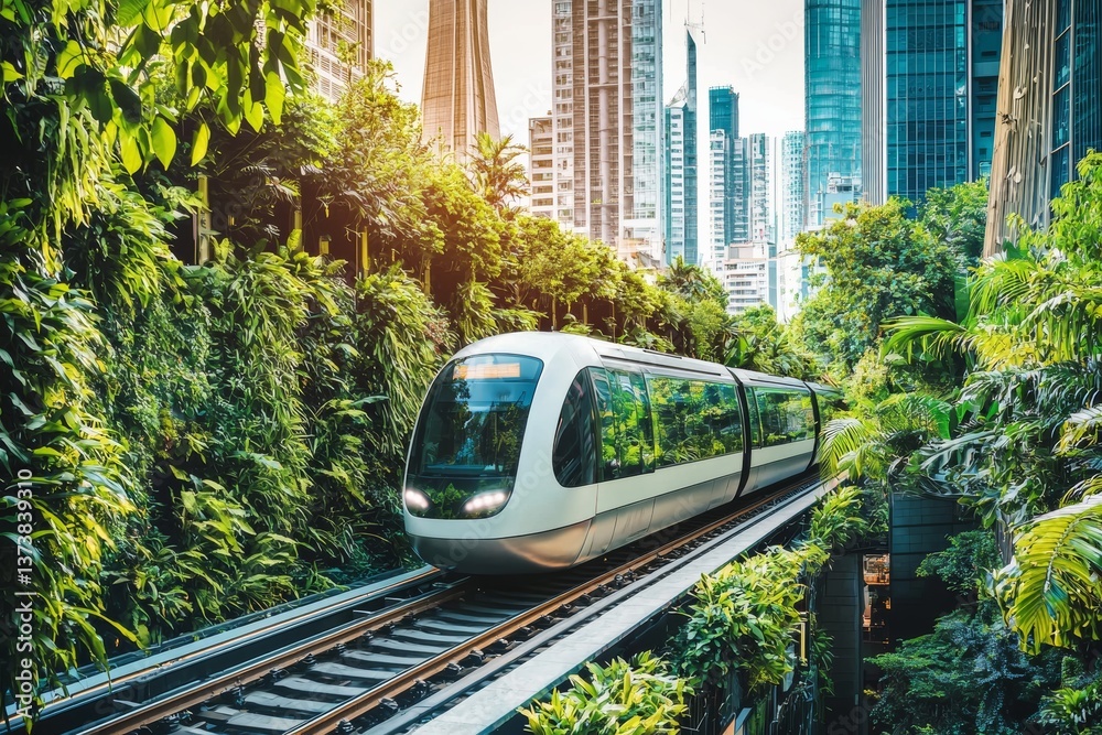 Naklejka premium Stock photo of a high-speed train traveling through a futuristic green corridor, surrounded by eco-friendly urban architecture and lush vertical gardens 
