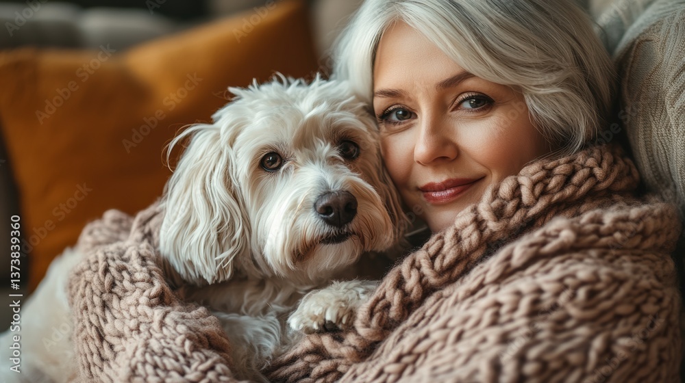 Cozy afternoon with a dog on a couch in a warm living room surrounded by soft blankets and pillows during late autumn Cozy afternoon with a dog on a couch in a warm living room surrounded by soft blankets and pillows during late autumn