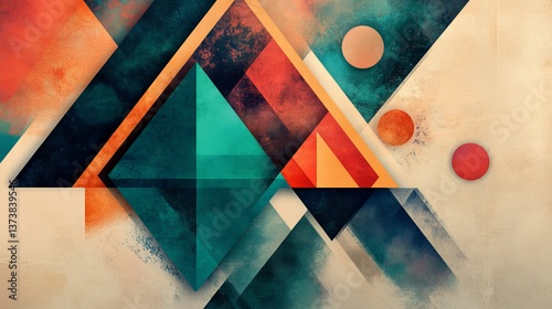 A visually engaging abstract artwork featuring sharp geometric angles, rich textures, and bold colors in teal and red. The design blends angular forms and circular shapes, creating an eye-catching