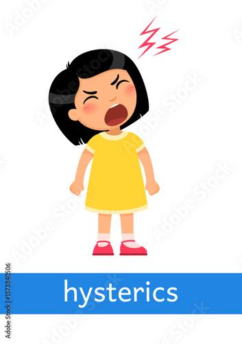 Hysterics - concept of emotion. Little girl is very angry or irritated. Learning English language. Children psychology. Cute cartoon character