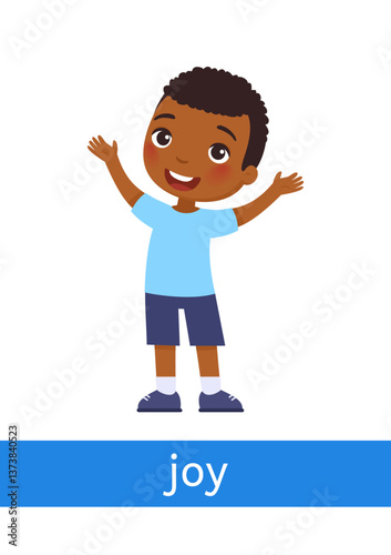 Joy - concept of emotion. Joyful little boy. Learning English language. Children psychology. Cute cartoon character