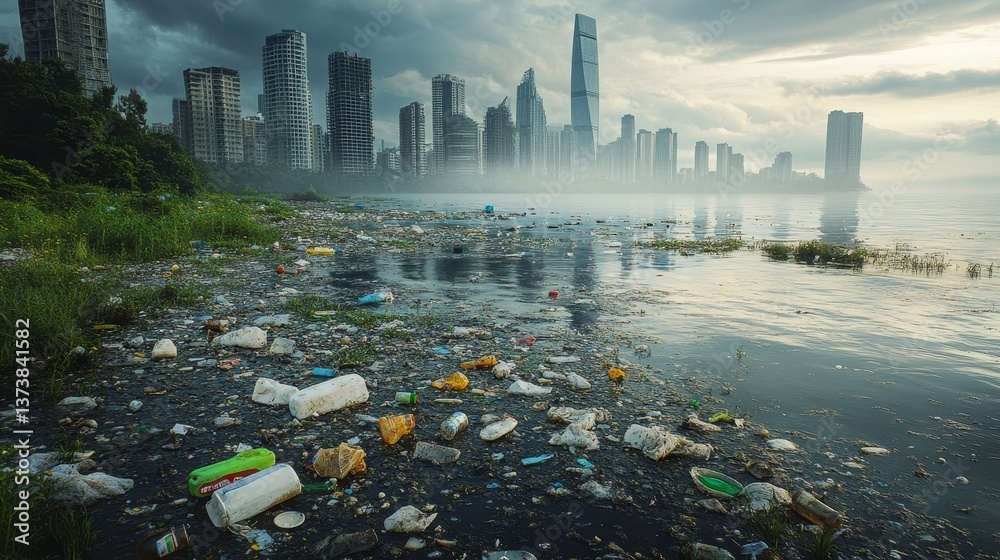 polluted shoreline with plastic waste in front of modern city skyline showing urban environmental crisis for World Environment Day