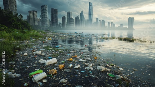Obraz na płótnie polluted shoreline with plastic waste in front of modern city skyline showing urban environmental crisis for World Environment Day w salonie