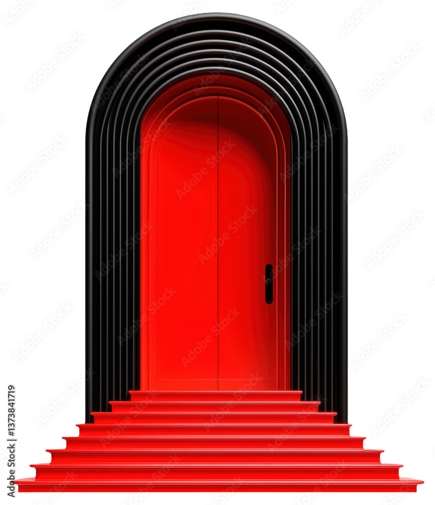 PNG Red arched door with black frame and red stairs