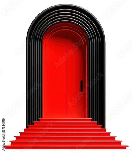 PNG Red arched door with black frame and red stairs