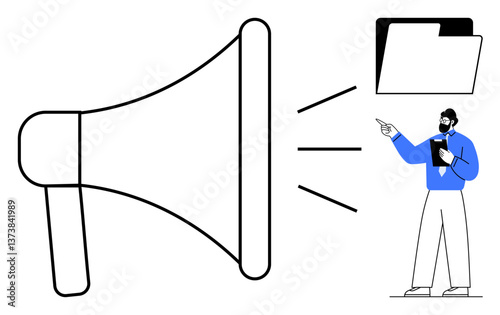 Man pointing at a document folder while megaphone symbolizes sharing information. Ideal for communication, messaging, management, organization, education, teamwork, digital strategy. Flat simple