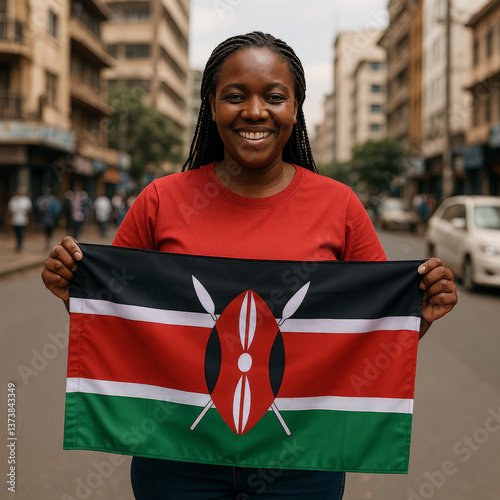 A woman smiles brightly while holding the Kenyan flag in a bustling urban street. Surrounding buildings and vehicles indicate a lively city atmosphere in broad daylight Generative AI