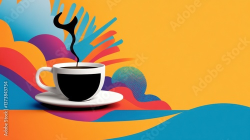 Vibrant Coffee Cup with Colorful Abstract Background Design Elements