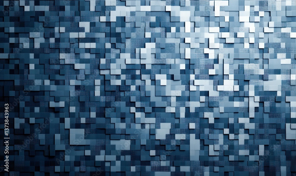 An abstract background features a geometric pattern of small blue squares with varying elevations. An abstract background features a geometric pattern of small blue squares with varying elevations.