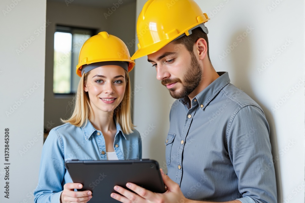 Young construction professionals, a woman and a man, in yellow hard hats, discussing project plans together in a modern building environment with natural light. Young construction professionals, a woman and a man, in yellow hard hats, discussing project plans together in a modern building environment with natural light.