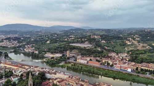 Aerial view of Piazzale Michelangelo at sunrise, Florence, Tuscany, Italy. High quality footage in 4k format