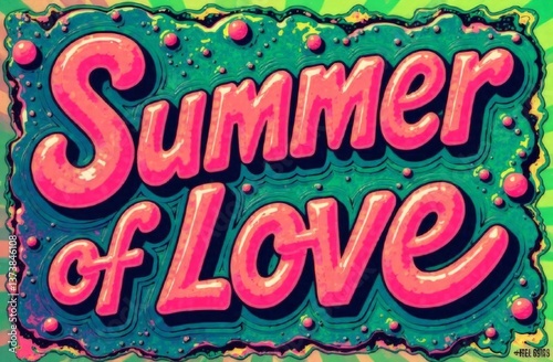 The poster, 'Summer of Love' in swirling liquid font, neon pink/green colors 
