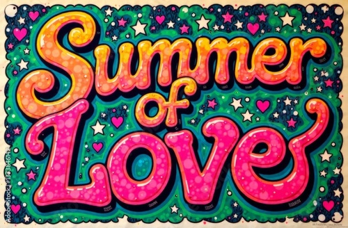 The poster, 'Summer of Love' in swirling liquid font, neon pink/green colors 