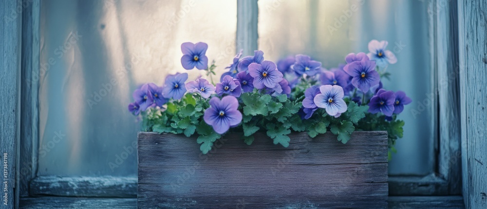 Fototapeta premium Rustic wooden flower box brimming with vibrant purple and blue blooms against a misty window backdrop.