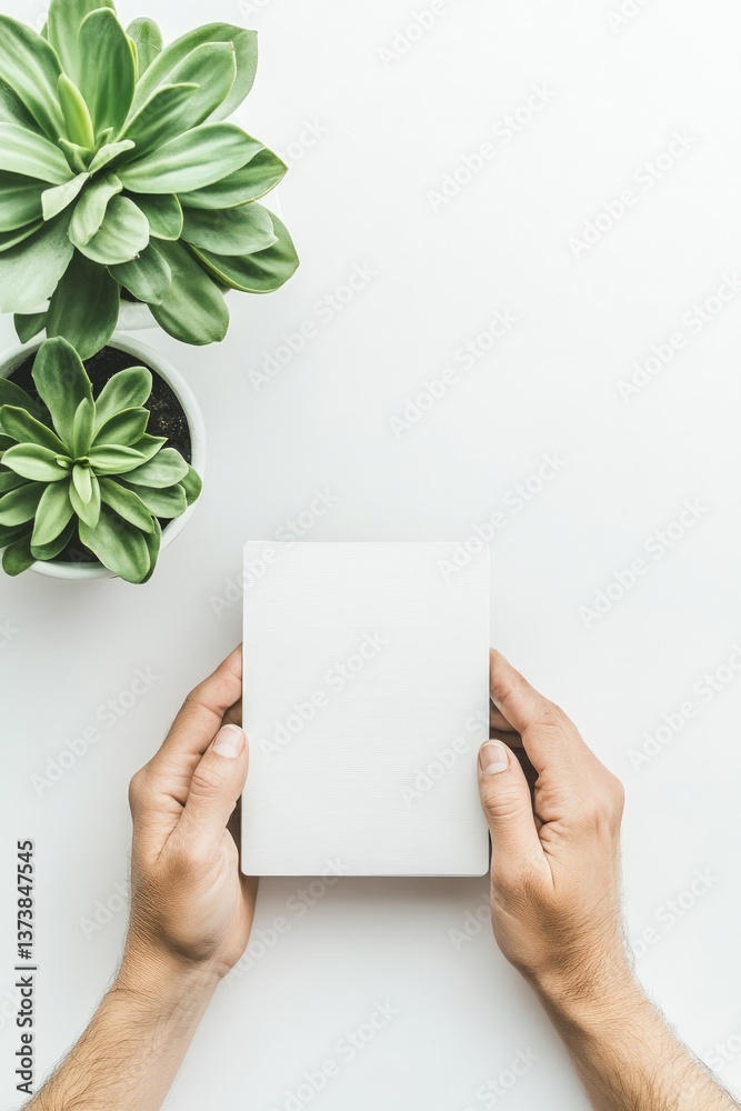 Obraz premium Two hands gently grasp a blank notebook alongside vibrant green succulents, showcasing a clean aesthetic ideal for inspiration, planning, or creativity