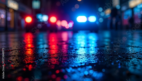 Wet city street reflecting police car lights at night creating a colorful and vibrant scene view