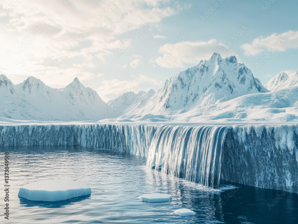 Obraz premium Breathtaking panorama of an Arctic ice shelf with a waterfall flowing into the ocean. Icebergs drift lazily in the tranquil waters, reflecting the beauty of a changing climate