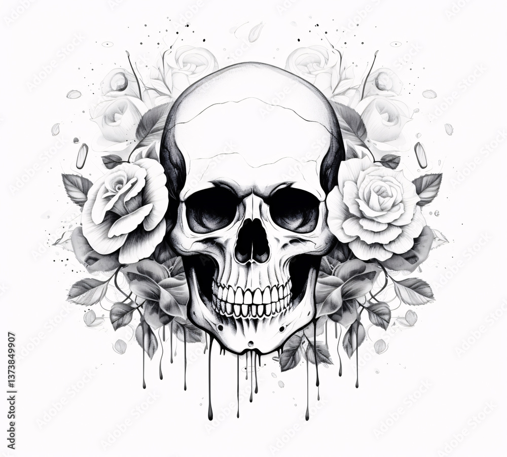 Fototapeta premium Tattoo style black and white, skull with roses, on a white flat background. Traditional tattoo style.