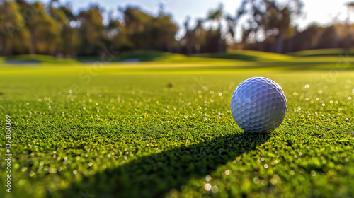 Golf ball on the course during a beautiful day. Promoting a new season, league, invitational, charity event, tournament, scramble, championship, challenge, or anything related to the topic of golf.